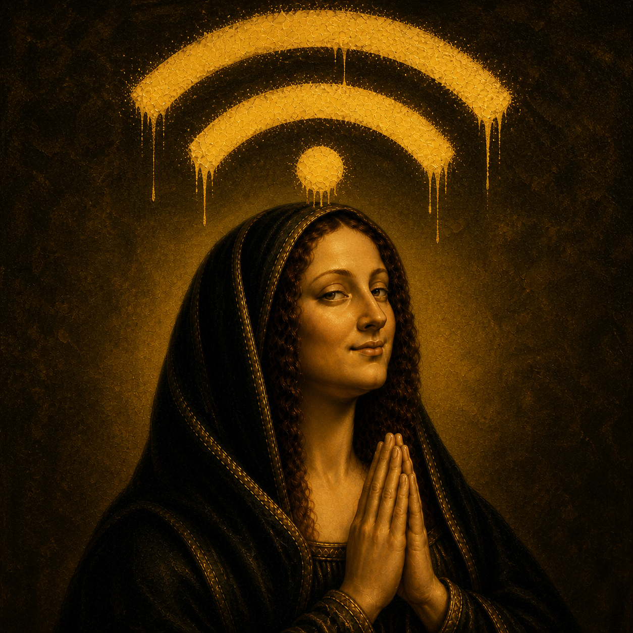 MonaFi praying beneath a painted Wi-Fi halo